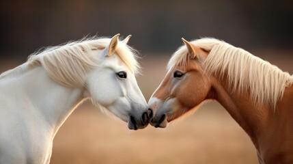 Obraz premium Two beautiful horses gently nuzzle each other in a serene natural setting, radiating affection and connection, symbolizing love and harmony in the animal kingdom.
