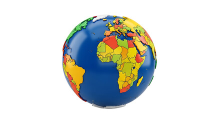Fototapeta premium A colorful globe with visible continents and countries displayed on a black background in a studio shot on transparent background