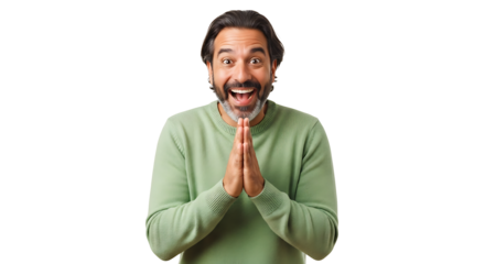 A man with a beard and a green sweater is smiling and holding his hands together in front of his chest on transparent background