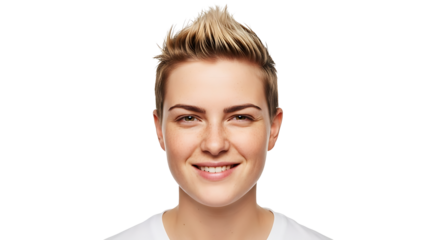 Close up portrait of a smiling woman with short blonde hair against a black and white background on transparent background