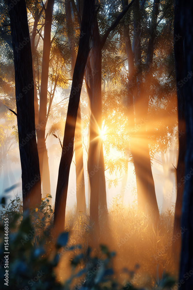 Poster sunlight filters through trees in serene forest. soft morning glow creates ethereal atmosphere amids