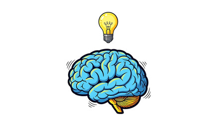 A cartoon brain with a glowing lightbulb above it on a black background representing a bright idea on transparent background