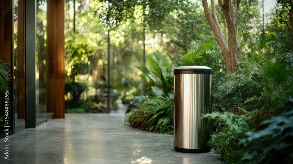 Poster a polished, modern trash bin strategically placed within a lush green outdoor area, blending functio