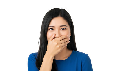 An asian woman with long dark hair wearing a blue shirt covering her mouth with her hand and smiling on transparent background