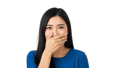 An asian woman with long dark hair wearing a blue shirt covering her mouth with her hand and smiling on transparent background