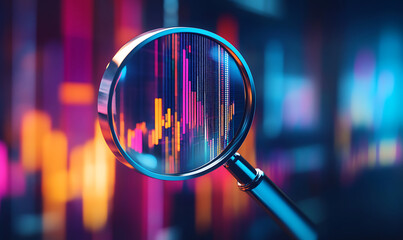 Magnifying glass focusing on a vibrant financial data chart