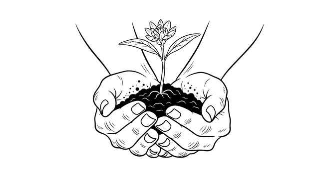 Hands holding young plant in soil in black and white illustration style