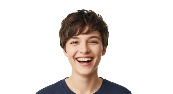 Portrait of a young woman with short brown hair smiling broadly against a black background in a studio on transparent background