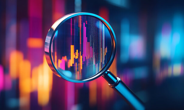 Magnifying glass focusing on a vibrant financial data chart