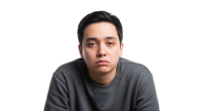Portrait of a young man with dark hair wearing a gray sweatshirt against a black background looking sad on transparent background - Powered by Adobe