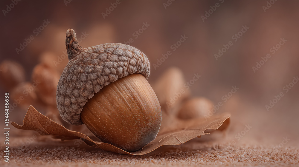 Poster acorn positioned on dry leaf, showcasing intricate details and textures. soft, muted background evok