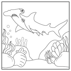 black and white cartoon hammerhead shark character (vector illustration), coloring book for children.
