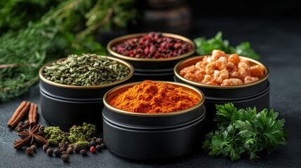 Fototapeta premium A vibrant display of spices in black containers showcases an array of colors and textures, highlighting culinary diversity and the art of cooking with spices.