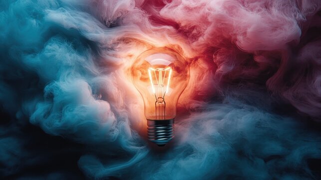 A glowing light bulb surrounded by colorful smoke illustrates the concept of creativity, inspiration, and the wonder of ideas coming to life in vibrant hues.