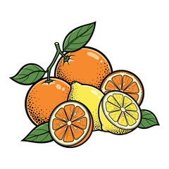 ripe oranges and lemons with leaves in colorful illustration style on white background with copy space