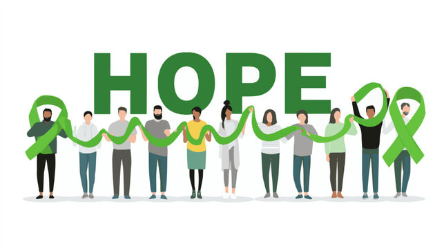 Diverse group holding green ribbon spelling HOPE for World Lymphoma Awareness Day vector background - Powered by Adobe