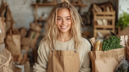 A cheerful young woman stands in a grocery store holding fresh produce, radiating warmth and positivity, inviting customers to explore healthy food options and local products.