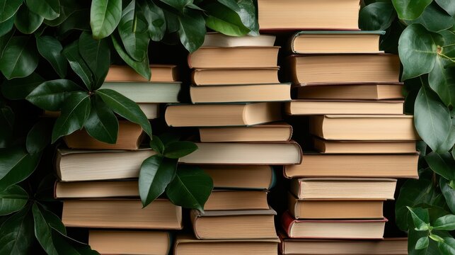 A harmonious composition of stacked books enveloped by lush green leaves, symbolizing growth, knowledge, and the calm connection between nature and learning in a serene environment.