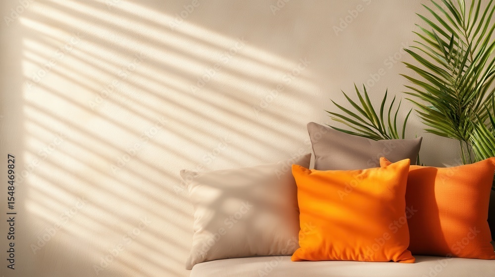 Poster a serene image of colorful cushions on a cozy couch, illuminated by soft shadows, creating a warm an