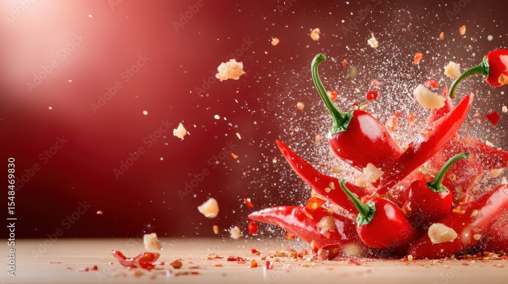 Poster a dynamic and vibrant image showcasing red chilies exploding, creating a colorful splash. this captu