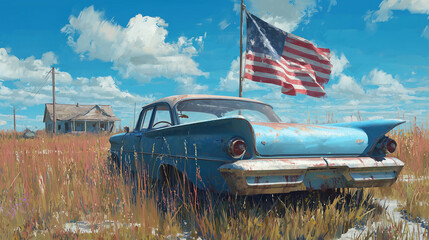 American Flag on Vintage Car in Field - Rural Decay, Patriotism, Americana Art