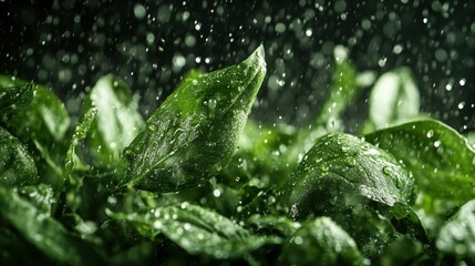 Dew-covered green leaves bask in the rain, capturing a lively essence of freshness and rejuvenation in a natural setting amidst dark and moody backgrounds.