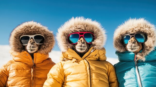 Three playful giraffe characters don winter jackets and sunglasses, presenting a whimsical and humorous take on animals adapting to cold weather in a snowy environment.