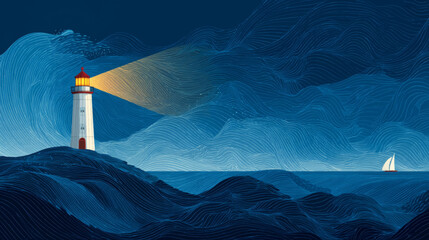 Minimal Lighthouse Illustration on Stylized Waves for World Maritime Day Vector Presentation