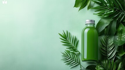 A refreshing green detox juice bottle nestled among fresh greenery, emphasizing wellness, health, and the connection between vibrant nutrition and nature&rsquo;s beauty.