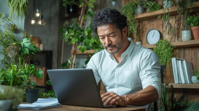 A focused middle-aged man engaging with his laptop in a plant-filled workspace, highlighting the blend of productivity and nature for a balanced work environment. - Powered by Adobe