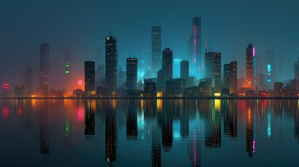 Fototapeta premium Futuristic Cityscape Reflecting on Calm Waters during Twilight hours