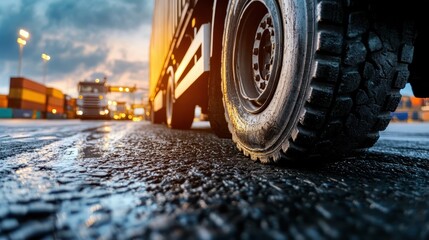 An up-close view of a heavy-duty truck tire resting on a rain-soaked asphalt road, illustrating themes of transportation, industry, and resilience in challenging conditions.