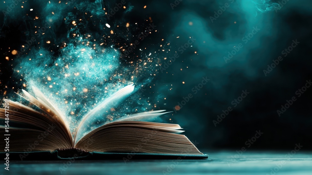 Poster an enchanting open book radiates with magical light and sparks, symbolizing imagination and creativi