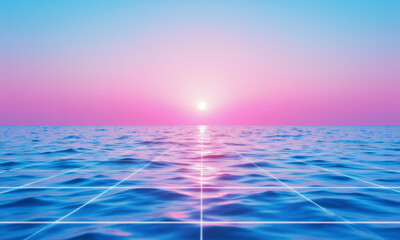 Vaporwave Aesthetic Sunrise Pink and Cyan Colors Grid Lines Over the Ocean Retro-Futuristic
