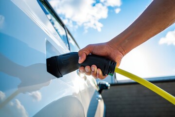 Close up of hand inserting charging cable into electric vehicle, symbolizing sustainable transportation and clean energy on a bright sunny day with blue sky and clouds