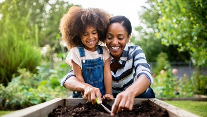 Happy African American mother and daughter planting seeds in their home garden, enjoying quality time together while discovering the wonders of nature and nurturing their bond