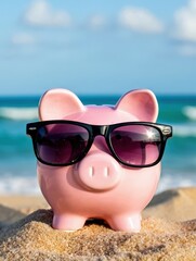Pink piggy bank wearing sunglasses is enjoying summer vacation on a beautiful beach with turquoise water and blue sky, symbolizing saving money for travel