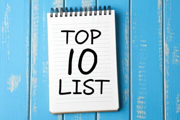 Notepad with top 10 list written on it is displayed over a blue wooden table, representing the concept of ranking and prioritizing tasks or ideas