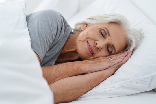 Elderly woman sleeping soundly in her comfortable bed, experiencing a peaceful and rejuvenating slumber, promoting good health and well being
