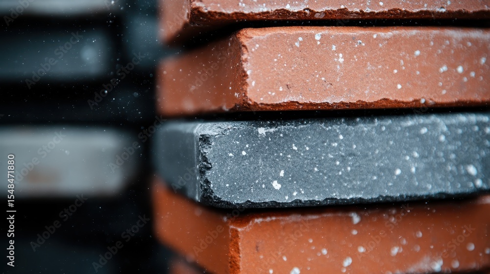 Poster a detailed, close-up image of a textured wall made of bricks in various colors, highlighting the bea
