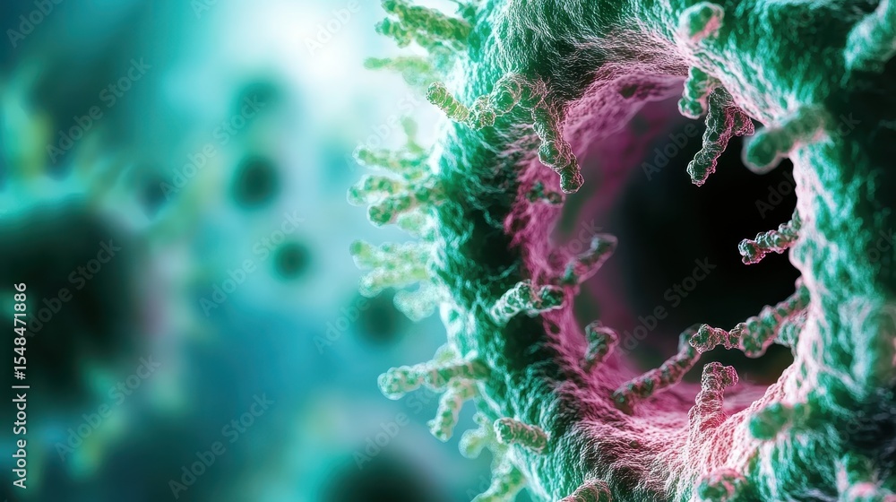 Poster an intricate microscopic image showing the detailed structure of a virus, showcasing its complex fea