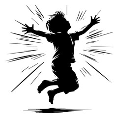 A black and white silhouette of a child jumping with happiness on a white isolated background. vector graphics. EPS.