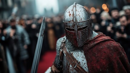 A fierce knight adorned in battle-worn armor stands with a sword drawn, commanding attention with a backdrop of historical ambiance that suggests a dramatic conflict.