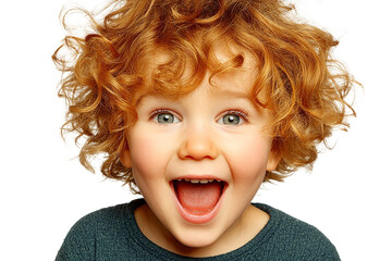Joyful young child with curly red hair and bright smile on a black background showcasing happiness and innocence in a playful expression
