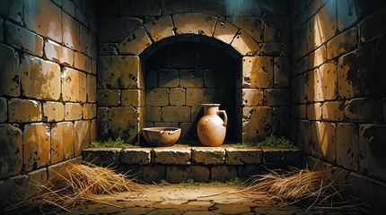 Medieval prison wall with niche, bowl, and jug