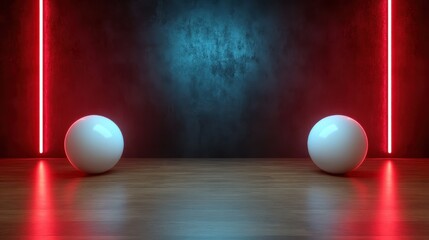 This image features two glossy white spheres, illuminated by vibrant neon red and blue lights, creating a captivating and modern atmosphere in an artistic setting.