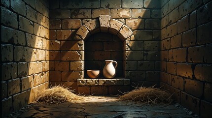 Medieval prison wall with niche, bowl, and jug