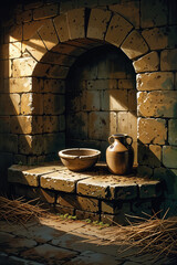 Medieval prison wall with niche, bowl, and jug