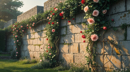 Exterior of a high medieval windowless stone wall, front view (90°) with climbing roses