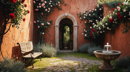 Garden of a medieval villa with arched wall, roses, fountain, and bench